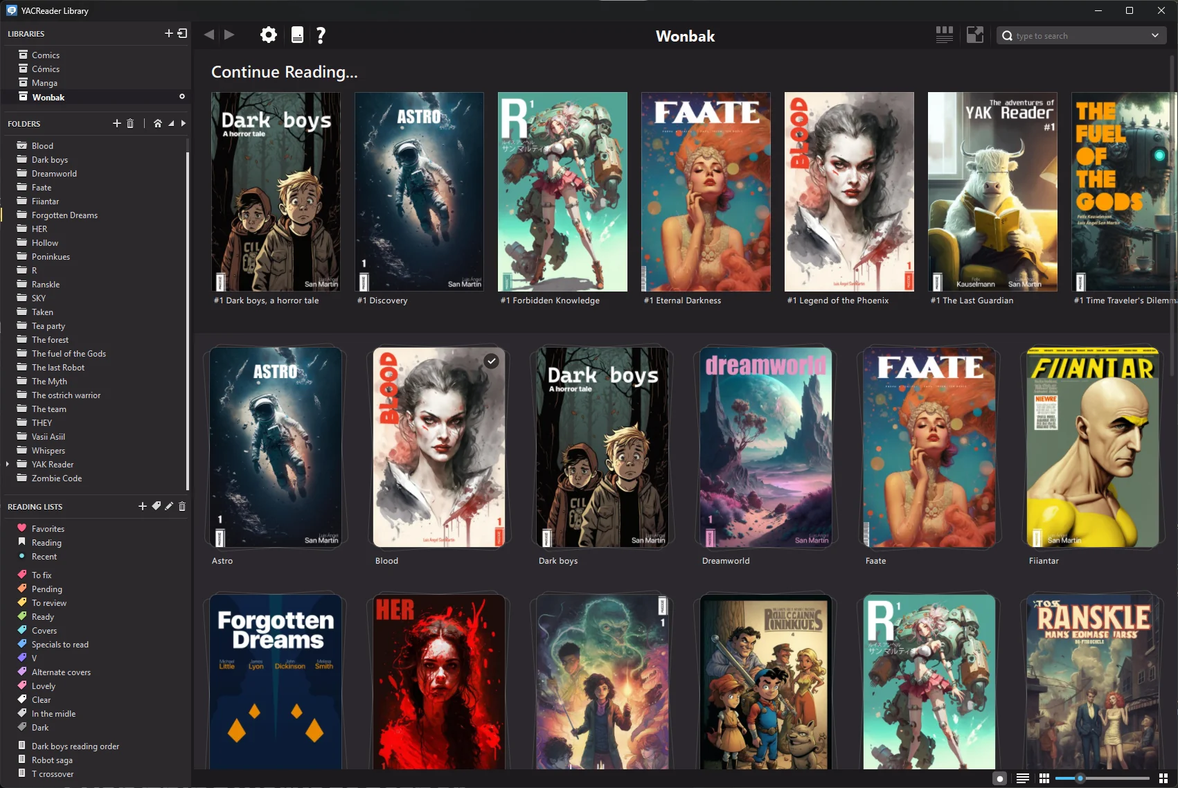YACReaderLibrary: Continue Reading, a grid of comic covers, folders, reading lists and labels